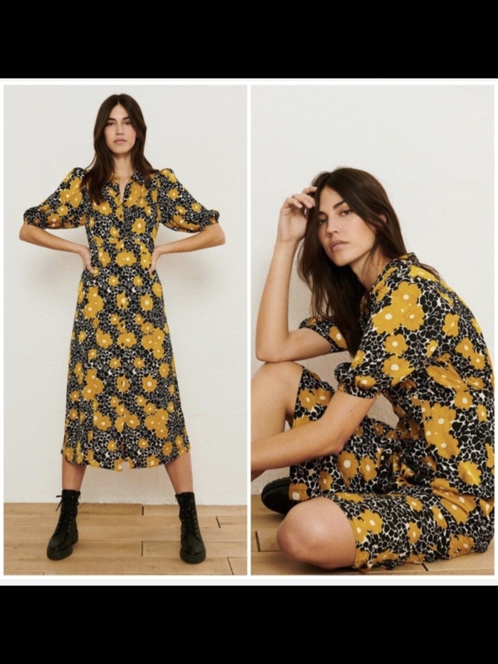 ba&sh Yellow and Black Floral Midi Dress